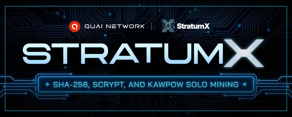 Sci-fi graphic for the StratumX release on Quai Network to support solo mining on SHA-256 ASICs, Scrypt ASICs, and KawPow GPUs